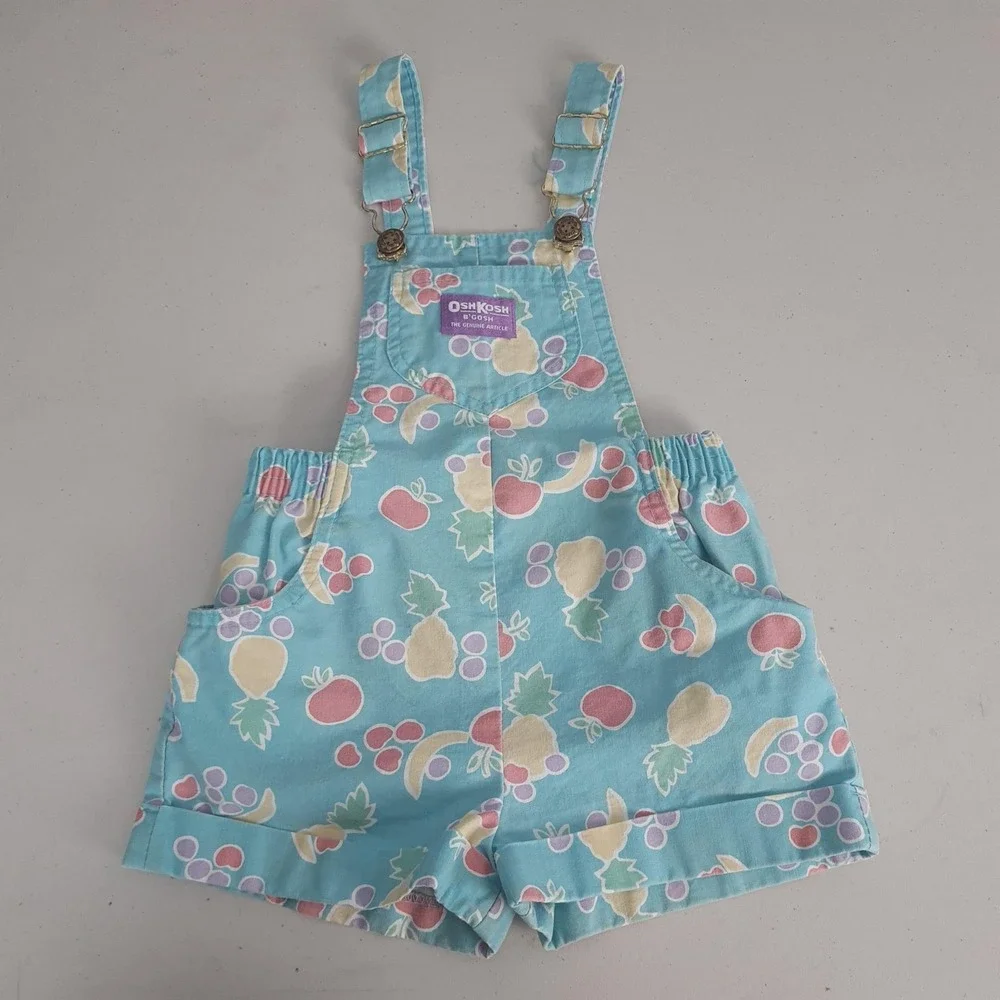 Vintage OshKosh Bgosh Shortalls Girls 5 Blue Pastel Fruit Print Vestbak USA 90s